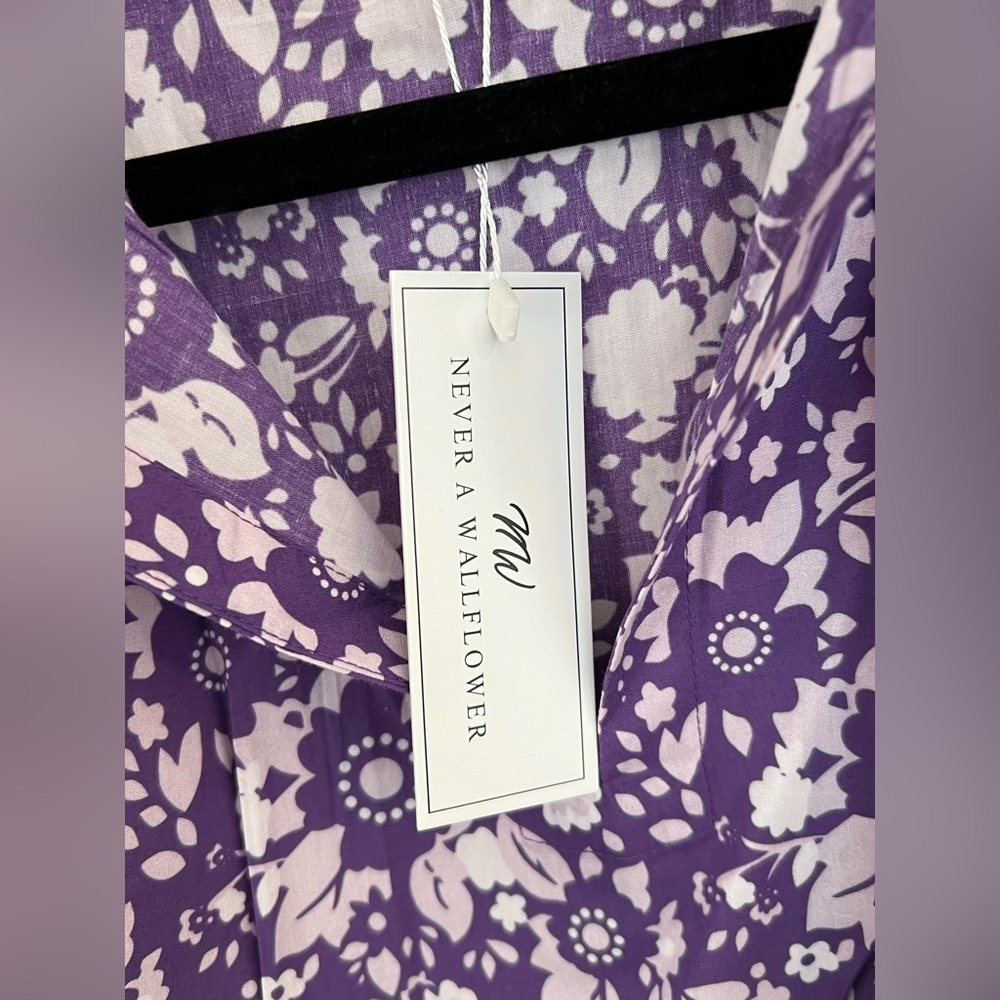 Never A Wallflower Floral Cotton Blouse Purple White Sz L NWT - Picture 5 of 8